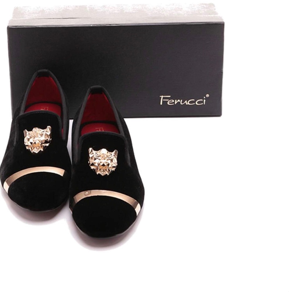FERUCCI Men Black Velvet Slippers Loafers Flat